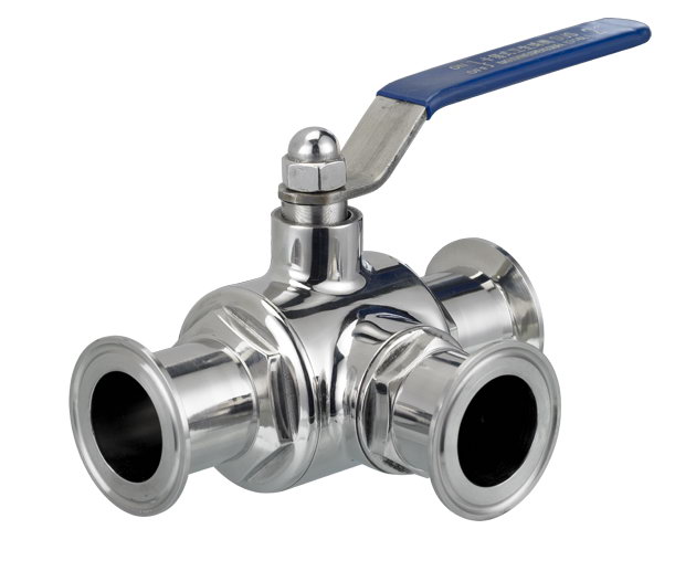 Clamped three way ball valve